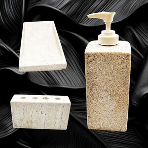 Soap Dish, Toothpaste Holder, Hand Cream Dispenser  3-pc Faux Marble Set